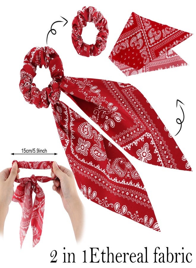 Chuangdi 10 Pcs Hair Scrunchies Hair Scarf with Ribbon Bunny Ears Chiffon Floral Bow Ponytail Holder Boho Elastic Floral Ropes 2 in 1 Vintage Accessories for Women(Paisley) - Image 2